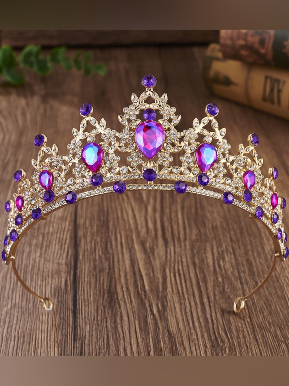 Gold Tiara Headpiece with Purple Gemstones - Women's Hair Accessory